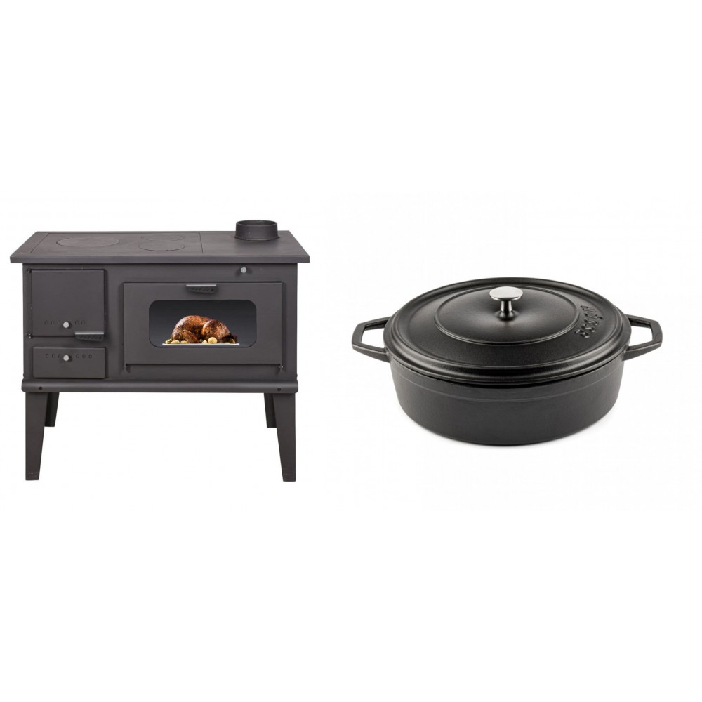 Set Küchenofen / Küchenhexe mit Backofen und Kochplatte Balkan Energy, Modell 4014, Leistung 7.9kW + Gusseisen Topf Flach Solagio, Black Onyx, Ф26
