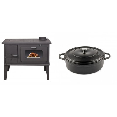 Set Küchenofen / Küchenhexe mit Backofen und Kochplatte Balkan Energy, Modell 4014, Leistung 7.9kW + Gusseisen Topf Flach Solagio, Black Onyx, Ф26 - Balkan Energy