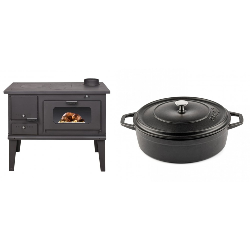 Set Küchenofen / Küchenhexe mit Backofen und Kochplatte Balkan Energy, Modell 4014, Leistung 7.9kW + Gusseisen Topf Flach Solagio, Black Onyx, Ф28 | Kaminofen - Holzofen mit Backfach | Kaminofen |