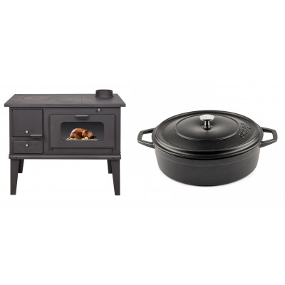 Set Küchenofen / Küchenhexe mit Backofen und Kochplatte Balkan Energy, Modell 4014, Leistung 7.9kW + Gusseisen Topf Flach Solagio, Black Onyx, Ф28 - Balkan Energy