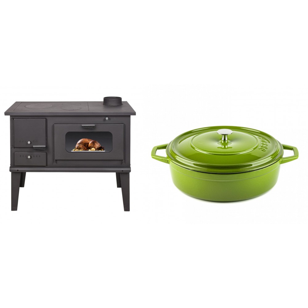 Set Küchenofen / Küchenhexe mit Backofen und Kochplatte Balkan Energy, Modell 4014, Leistung 7.9kW + Gusseisen Topf Flach Solagio, Bamboo, Ф28 | Kaminofen - Holzofen mit Backfach | Kaminofen |