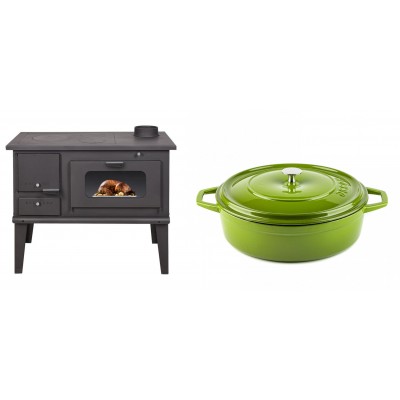 Set Küchenofen / Küchenhexe mit Backofen und Kochplatte Balkan Energy, Modell 4014, Leistung 7.9kW + Gusseisen Topf Flach Solagio, Bamboo, Ф28 - Balkan Energy