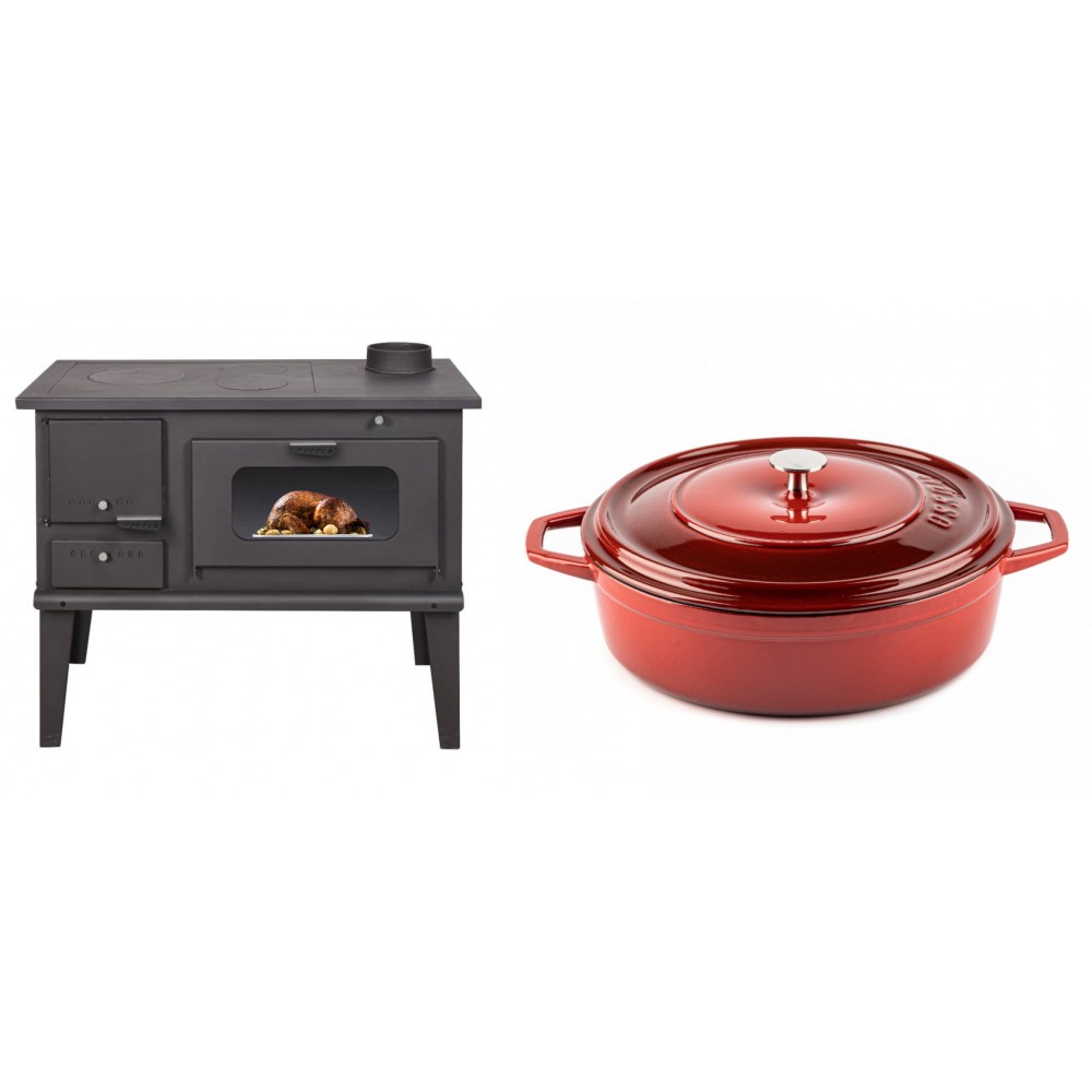 Set Küchenofen / Küchenhexe mit Backofen und Kochplatte Balkan Energy, Modell 4014, Leistung 7.9kW + Gusseisen Topf Flach Solagio, Rubin, Ф28