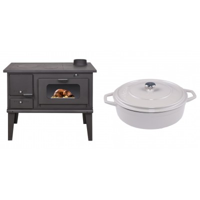 Set Küchenofen / Küchenhexe mit Backofen und Kochplatte Balkan Energy, Modell 4014, Leistung 7.9kW + Gusseisen Topf Flach Solagio, Ivory, Ф28 - Balkan Energy