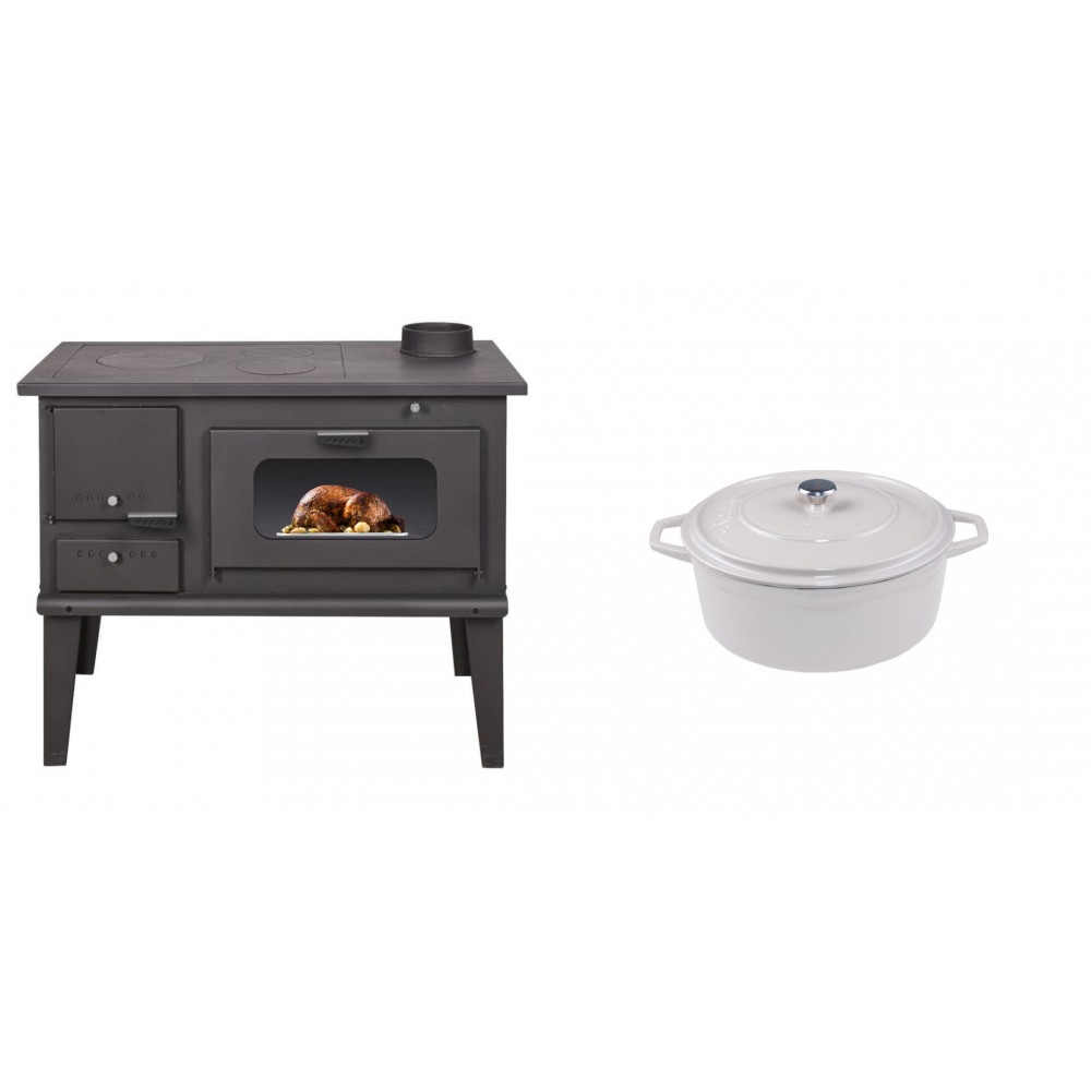 Set Küchenofen / Küchenhexe mit Backofen und Kochplatte Balkan Energy, Modell 4014, Leistung 7.9kW + Gusseisen Topf Tiefer Solagio, Ivory, Ф12 | Kaminofen - Holzofen mit Backfach | Kaminofen |