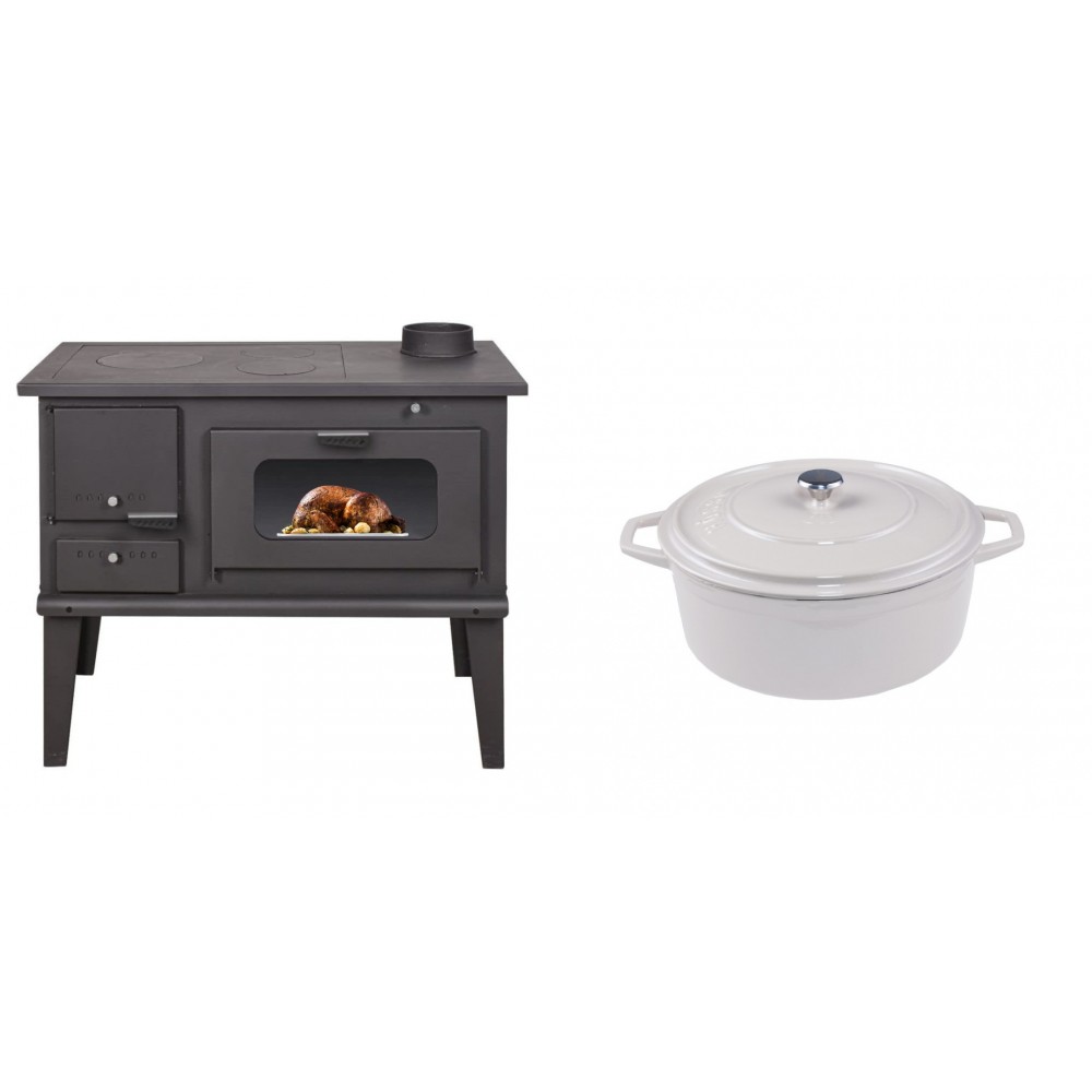 Set Küchenofen / Küchenhexe mit Backofen und Kochplatte Balkan Energy, Modell 4014, Leistung 7.9kW + Gusseisen Topf Tiefer Solagio, Ivory, Ф20 | Kaminofen - Holzofen mit Backfach | Kaminofen |