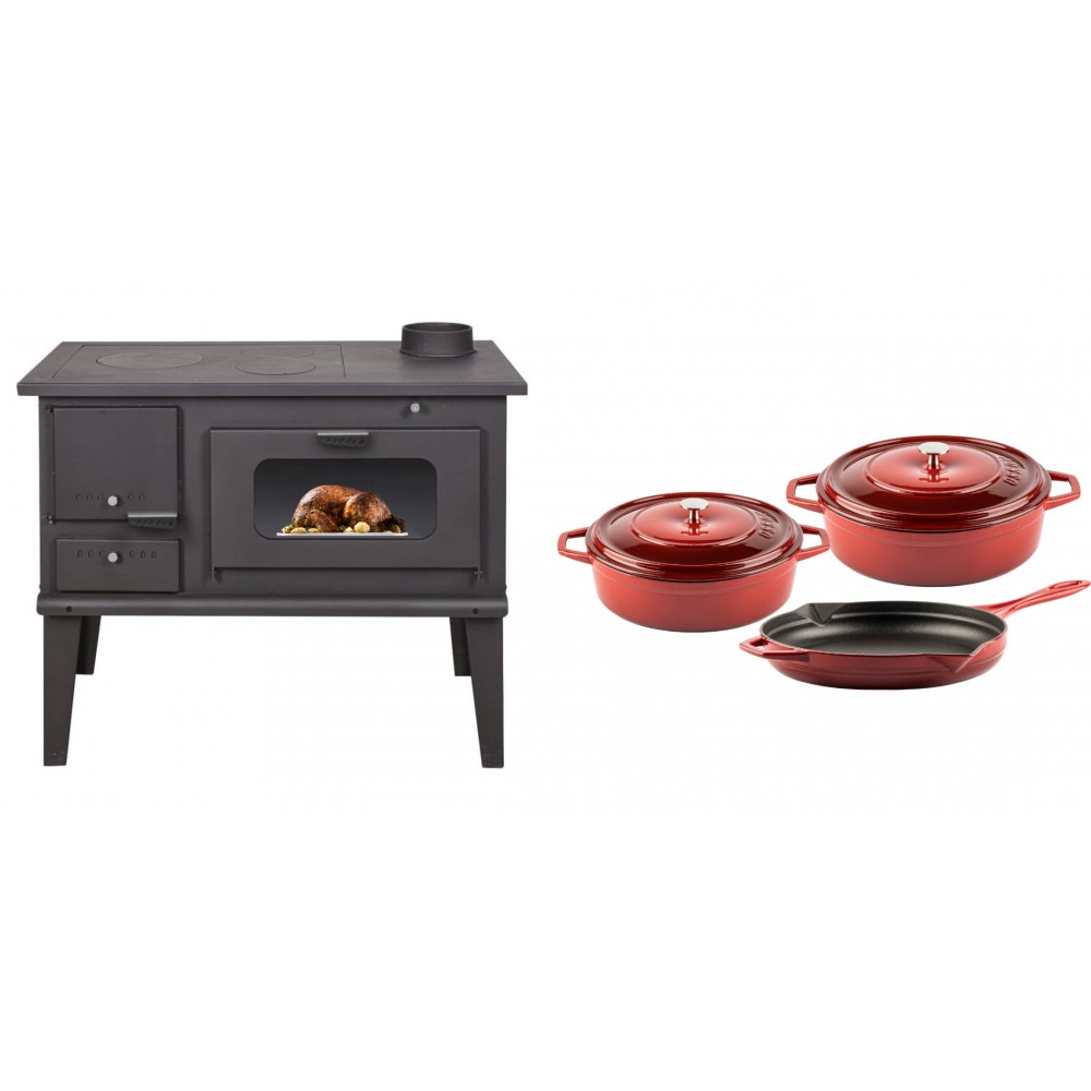 Set Küchenofen / Küchenhexe mit Backofen und Kochplatte Balkan Energy, Modell 4014, Leistung 7.9kW + Gusseisen Topf Set aus 3 teilen Solagio, Rubin