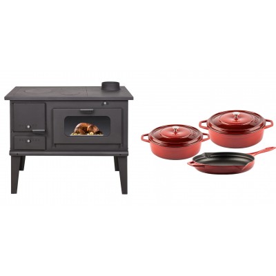 Set Küchenofen / Küchenhexe mit Backofen und Kochplatte Balkan Energy, Modell 4014, Leistung 7.9kW + Gusseisen Topf Set aus 3 teilen Solagio, Rubin - Balkan Energy