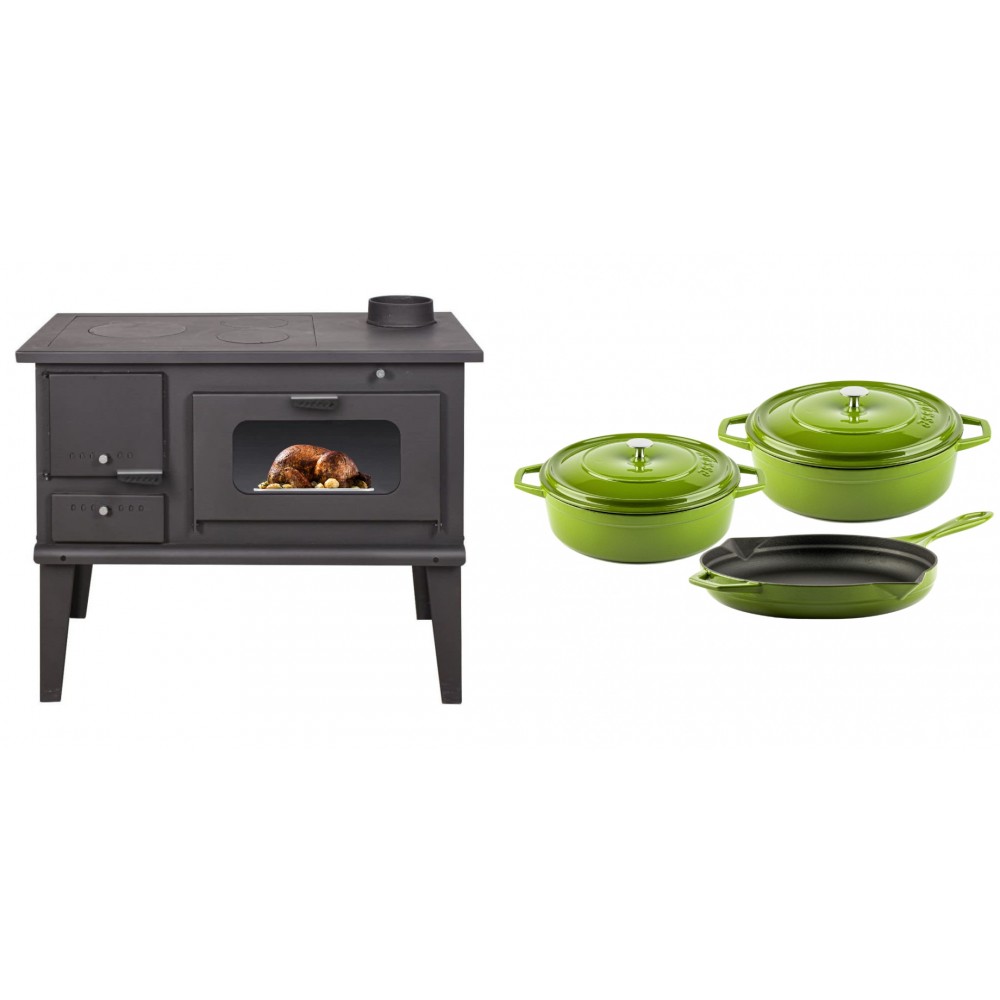 Set Küchenofen / Küchenhexe mit Backofen und Kochplatte Balkan Energy, Modell 4014, Leistung 7.9kW + Gusseisen Topf Set aus 3 teilen Solagio, Bamboo