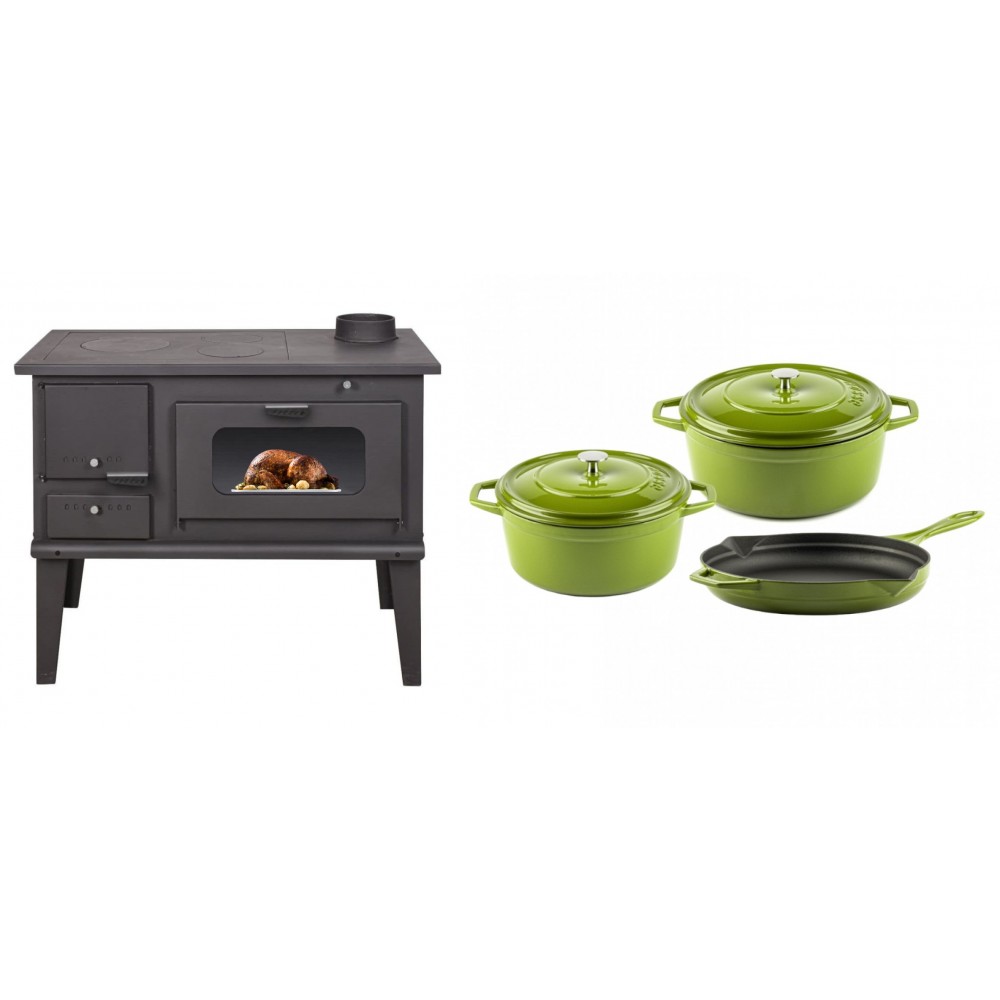 Set Küchenofen / Küchenhexe mit Backofen und Kochplatte Balkan Energy, Modell 4014, Leistung 7.9kW + Gusseisen Topf Set aus 3 teilen Solagio, Bamboo | Kaminofen - Holzofen mit Backfach | Kaminofen |