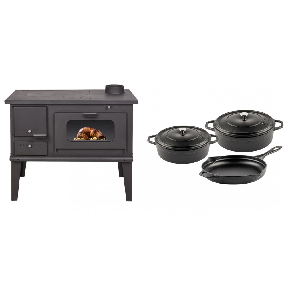 Set Küchenofen / Küchenhexe mit Backofen und Kochplatte Balkan Energy, Modell 4014, Leistung 7.9kW + Gusseisen Topf Set aus 3 teilen Solagio, Black Onyx