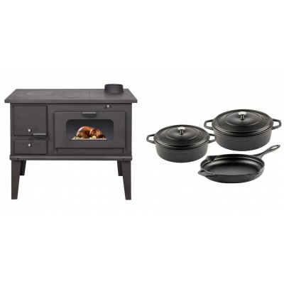 Set Küchenofen / Küchenhexe mit Backofen und Kochplatte Balkan Energy, Modell 4014, Leistung 7.9kW + Gusseisen Topf Set aus 3 teilen Solagio, Black Onyx - Balkan Energy