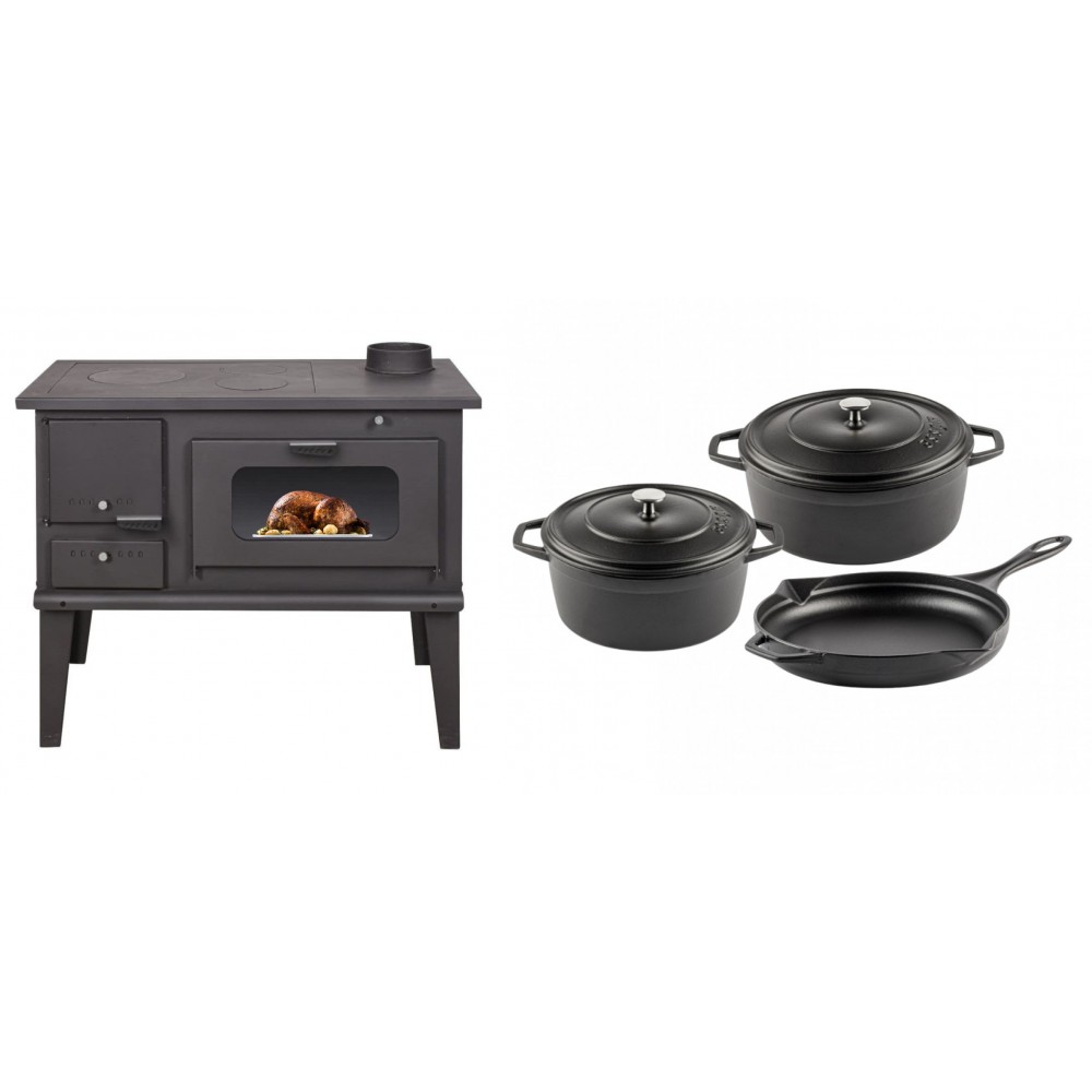 Set Küchenofen / Küchenhexe mit Backofen und Kochplatte Balkan Energy, Modell 4014, Leistung 7.9kW + Gusseisen Topf Set aus 3 teilen Solagio, Black Onyx