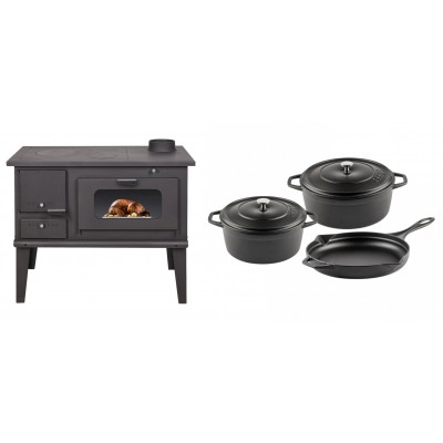 Set Küchenofen / Küchenhexe mit Backofen und Kochplatte Balkan Energy, Modell 4014, Leistung 7.9kW + Gusseisen Topf Set aus 3 teilen Solagio, Black Onyx - Balkan Energy
