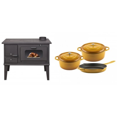 Set Küchenofen / Küchenhexe mit Backofen und Kochplatte Balkan Energy, Modell 4014, Leistung 7.9kW + Gusseisen Topf Set aus 3 teilen Solagio, Dijon - Balkan Energy