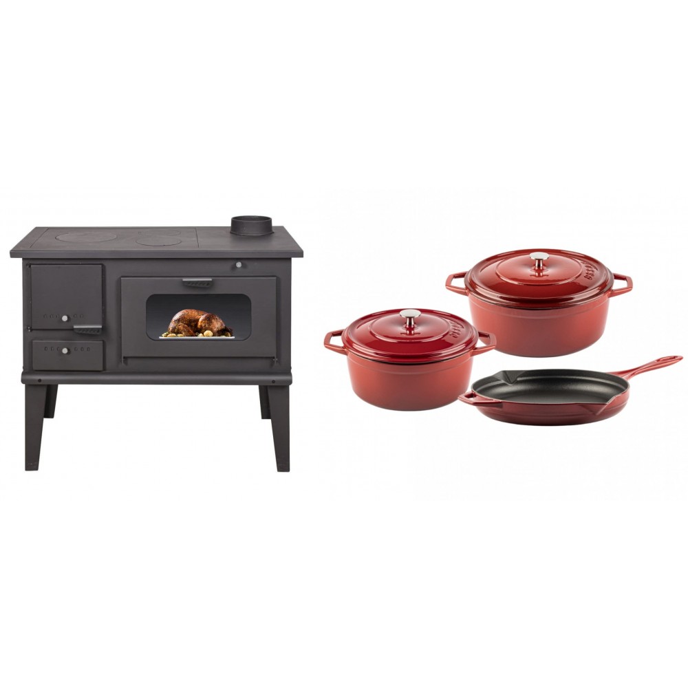 Set Küchenofen / Küchenhexe mit Backofen und Kochplatte Balkan Energy, Modell 4014, Leistung 7.9kW + Gusseisen Topf Set aus 3 teilen Solagio, Rubin | Kaminofen - Holzofen mit Backfach | Kaminofen |