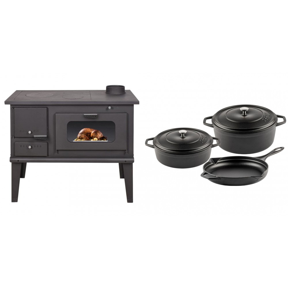 Set Küchenofen / Küchenhexe mit Backofen und Kochplatte Balkan Energy, Modell 4014, Leistung 7.9kW + Gusseisen Topf Set aus 3 teilen Solagio, Black Onyx