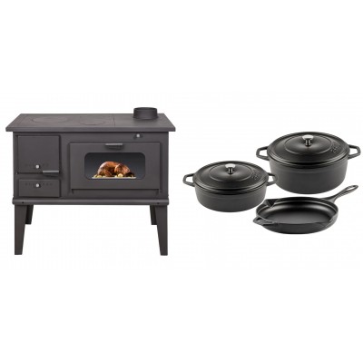 Set Küchenofen / Küchenhexe mit Backofen und Kochplatte Balkan Energy, Modell 4014, Leistung 7.9kW + Gusseisen Topf Set aus 3 teilen Solagio, Black Onyx - Balkan Energy