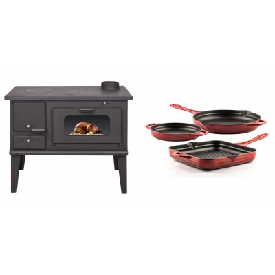 Set Küchenofen / Küchenhexe mit Backofen und Kochplatte Balkan Energy, Modell 4014, Leistung 7.9kW + Gusseisen Topf Set aus 3 teilen Solagio, Rubin - Balkan Energy