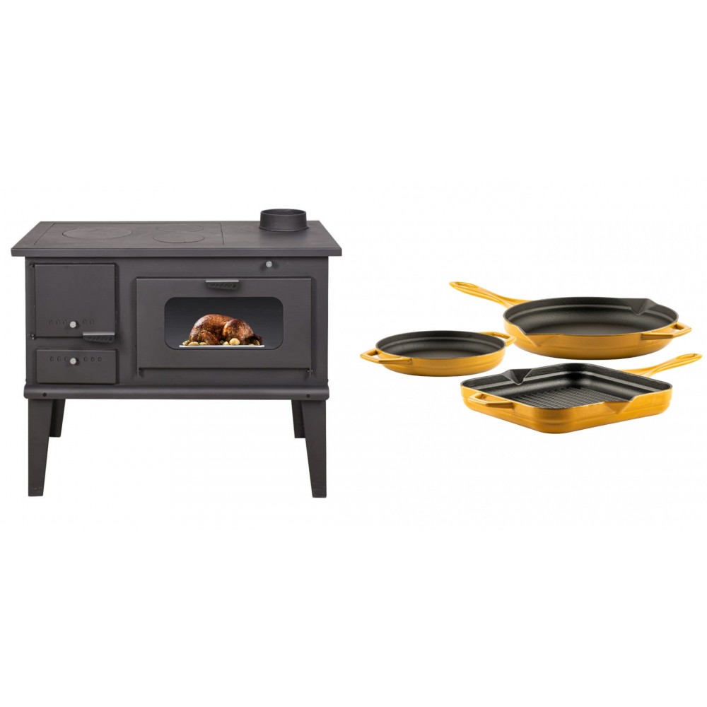 Set Küchenofen / Küchenhexe mit Backofen und Kochplatte Balkan Energy, Modell 4014, Leistung 7.9kW + Gusseisen Topf Set aus 3 teilen Solagio, Dijon