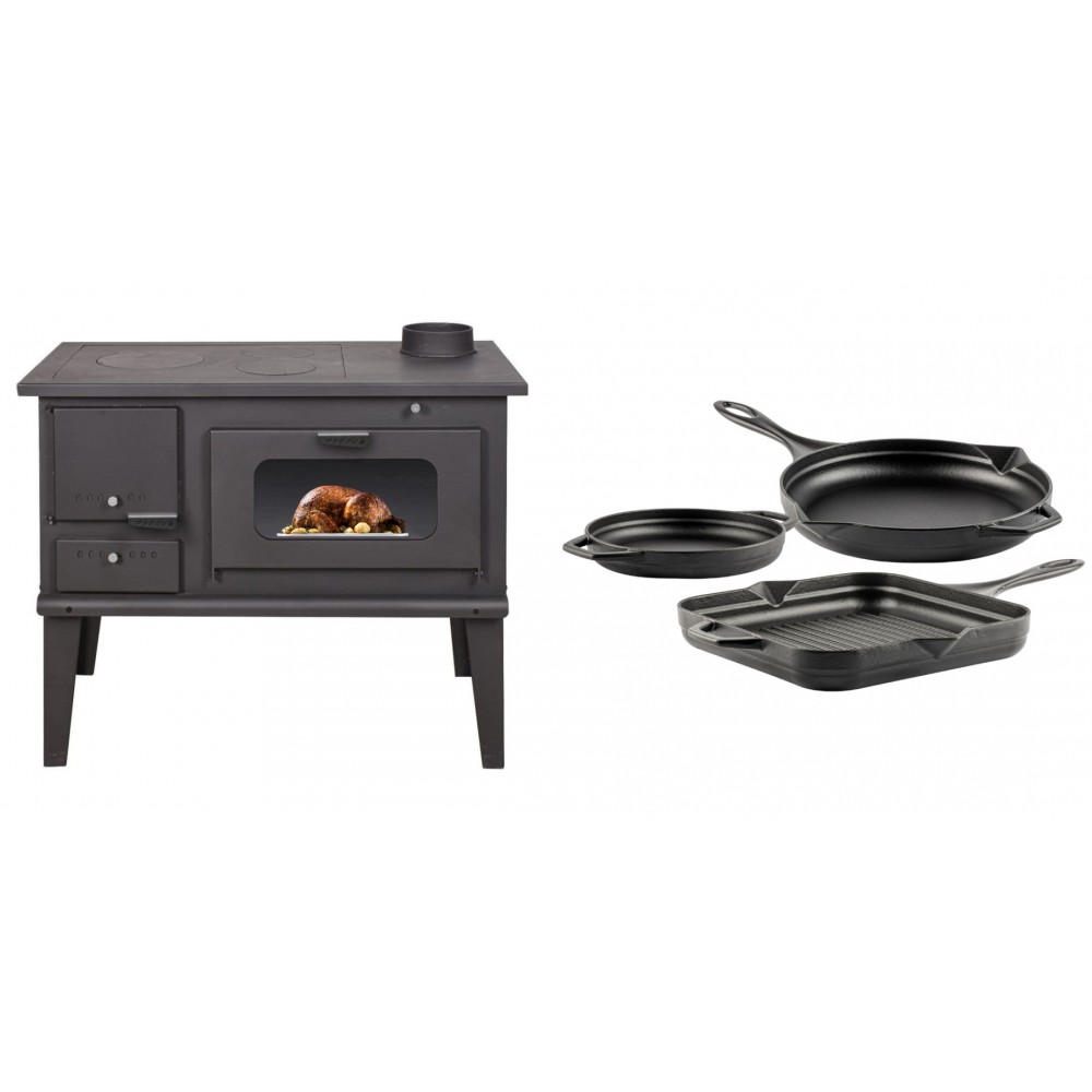 Set Küchenofen / Küchenhexe mit Backofen und Kochplatte Balkan Energy, Modell 4014, Leistung 7.9kW + Gusseisen Topf Set aus 3 teilen Solagio, Black Onyx