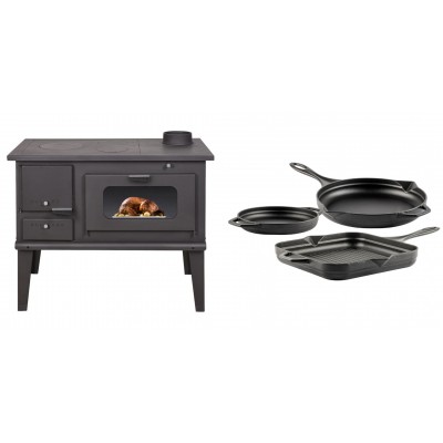 Set Küchenofen / Küchenhexe mit Backofen und Kochplatte Balkan Energy, Modell 4014, Leistung 7.9kW + Gusseisen Topf Set aus 3 teilen Solagio, Black Onyx - Balkan Energy