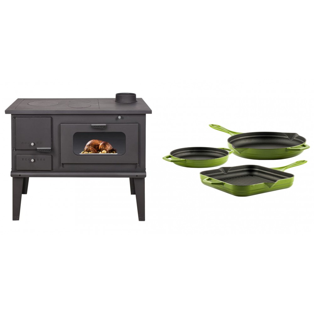 Set Küchenofen / Küchenhexe mit Backofen und Kochplatte Balkan Energy, Modell 4014, Leistung 7.9kW + Gusseisen Topf Set aus 3 teilen Solagio, Bamboo | Kaminofen - Holzofen mit Backfach | Kaminofen |