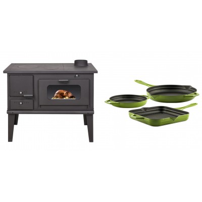 Set Küchenofen / Küchenhexe mit Backofen und Kochplatte Balkan Energy, Modell 4014, Leistung 7.9kW + Gusseisen Topf Set aus 3 teilen Solagio, Bamboo - Balkan Energy