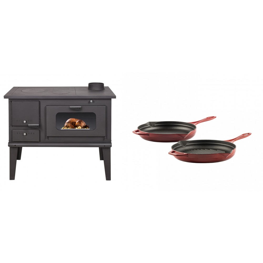 Set Küchenofen / Küchenhexe mit Backofen und Kochplatte Balkan Energy, Modell 4014, Leistung 7.9kW + Gusseisen Topf Set aus 2 teilen Solagio, Rubin