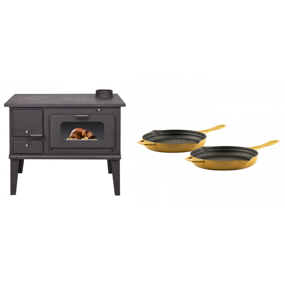 Set Küchenofen / Küchenhexe mit Backofen und Kochplatte Balkan Energy, Modell 4014, Leistung 7.9kW + Gusseisen Topf Set aus 2 teilen Solagio, Dijon