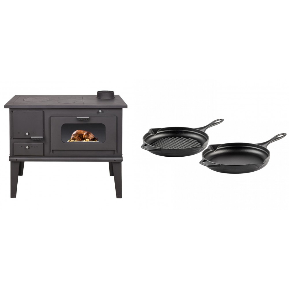 Set Küchenofen / Küchenhexe mit Backofen und Kochplatte Balkan Energy, Modell 4014, Leistung 7.9kW + Gusseisen Topf Set aus 2 teilen Solagio, Black Onyx