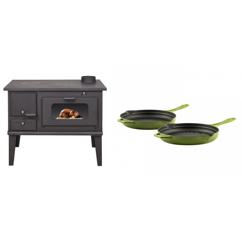 Set Küchenofen / Küchenhexe mit Backofen und Kochplatte Balkan Energy, Modell 4014, Leistung 7.9kW + Gusseisen Topf Set aus 2 teilen Solagio, Bamboo