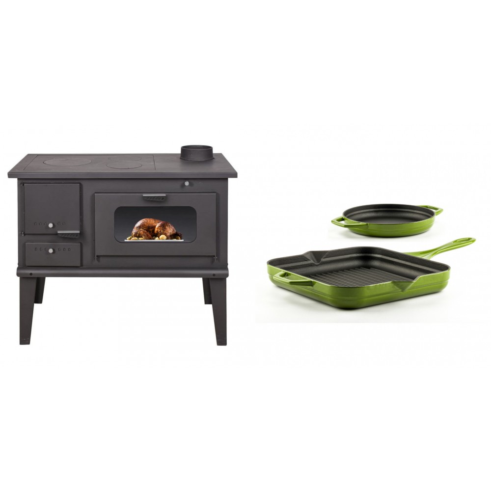 Set Küchenofen / Küchenhexe mit Backofen und Kochplatte Balkan Energy, Modell 4014, Leistung 7.9kW + Gusseisen Topf Set aus 2 teilen Solagio, Bamboo | Kaminofen - Holzofen mit Backfach | Kaminofen |