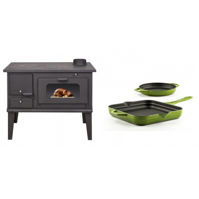 Set Küchenofen / Küchenhexe mit Backofen und Kochplatte Balkan Energy, Modell 4014, Leistung 7.9kW + Gusseisen Topf Set aus 2 teilen Solagio, Bamboo - Balkan Energy