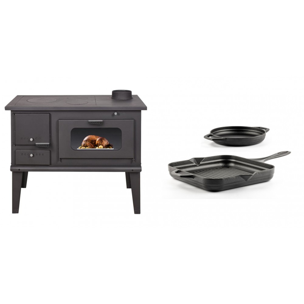 Set Küchenofen / Küchenhexe mit Backofen und Kochplatte Balkan Energy, Modell 4014, Leistung 7.9kW + Gusseisen Topf Set aus 2 teilen Solagio, Black Onyx