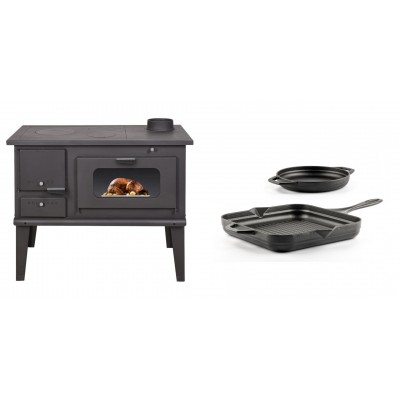 Set Küchenofen / Küchenhexe mit Backofen und Kochplatte Balkan Energy, Modell 4014, Leistung 7.9kW + Gusseisen Topf Set aus 2 teilen Solagio, Black Onyx - Balkan Energy