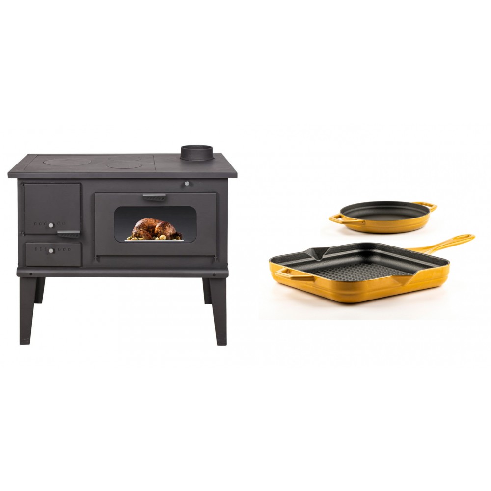 Set Küchenofen / Küchenhexe mit Backofen und Kochplatte Balkan Energy, Modell 4014, Leistung 7.9kW + Gusseisen Topf Set aus 2 teilen Solagio, Dijon | Kaminofen - Holzofen mit Backfach | Kaminofen |