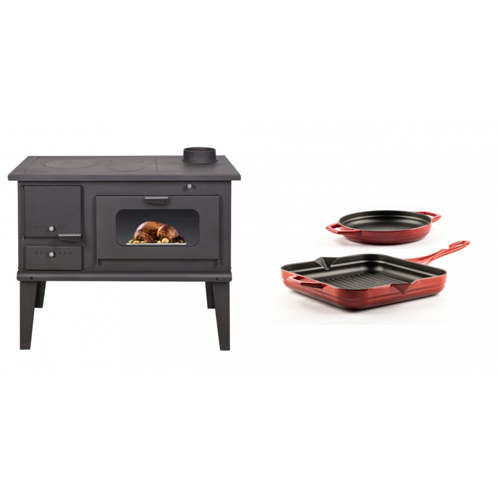 Set Küchenofen / Küchenhexe mit Backofen und Kochplatte Balkan Energy, Modell 4014, Leistung 7.9kW + Gusseisen Topf Set aus 2 teilen Solagio, Rubin | Kaminofen - Holzofen mit Backfach | Kaminofen |