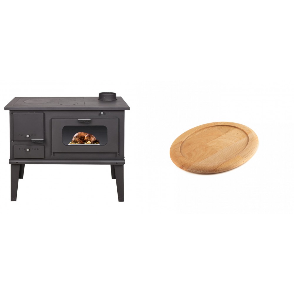 Set Küchenofen / Küchenhexe mit Backofen und Kochplatte Balkan Energy, Modell 4014, Leistung 7.9kW + Holz untersetzer für ovale gusseisenpfanne Solagio HSFT1825