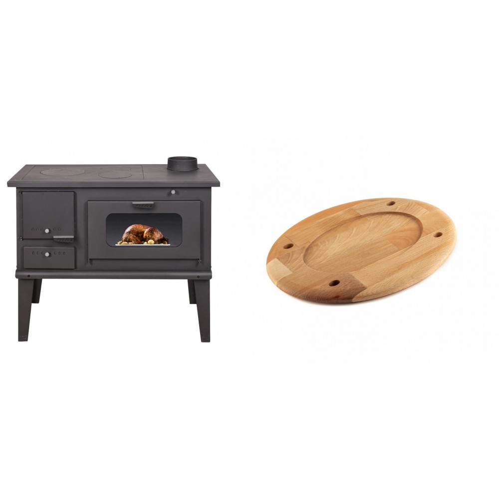 Set Küchenofen / Küchenhexe mit Backofen und Kochplatte Balkan Energy, Modell 4014, Leistung 7.9kW + Holz untersetzer für ovale platte Solagio HSOISK2533, 25x33cm