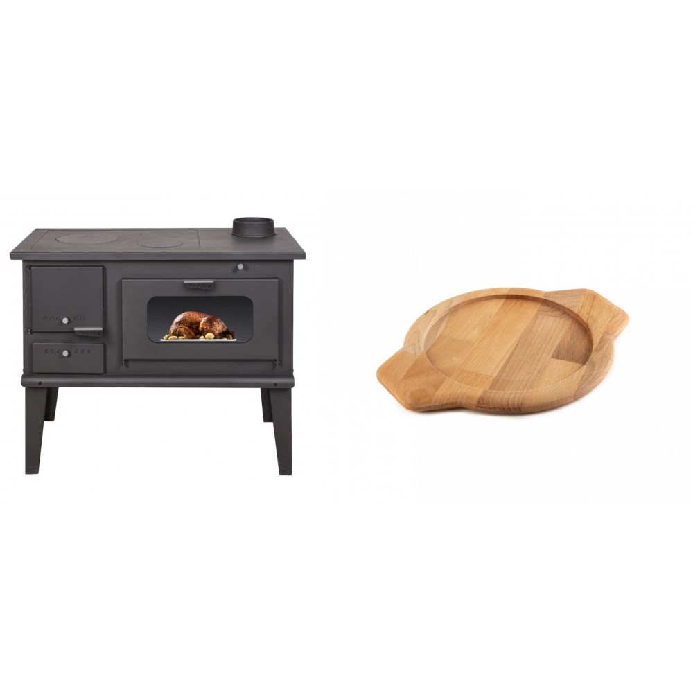 Set Küchenofen / Küchenhexe mit Backofen und Kochplatte Balkan Energy, Modell 4014, Leistung 7.9kW + Holz untersetzer für gusseisenschüssel Solagio HSYKTV22