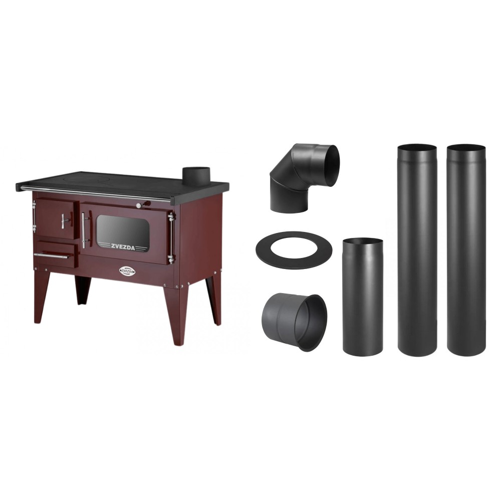 Set Küchenofen / Küchenhexe mit Backofen und Kochplatte Zvezda, Modell Narodna E Braun, Beine, Leistung 6.1 kW + Schornstein Bausatz PARKANEX, Stahl Ø130, Dicke 2mm