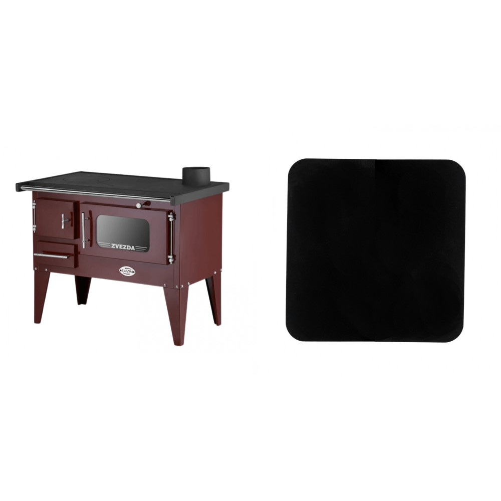 Set Küchenofen / Küchenhexe mit Backofen und Kochplatte Zvezda, Modell Narodna E Braun, Beine, Leistung 6.1 kW + Funkenschutzplatte Stahl 2mm, Größe 98x98cm | Kaminofen - Holzofen mit Backfach | Kaminofen |
