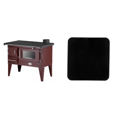 Set Küchenofen / Küchenhexe mit Backofen und Kochplatte Zvezda, Modell Narodna E Braun, Beine, Leistung 6.1 kW + Funkenschutzplatte Stahl 2mm, Größe 98x98cm - Kaminofen - Holzofen mit Backfach