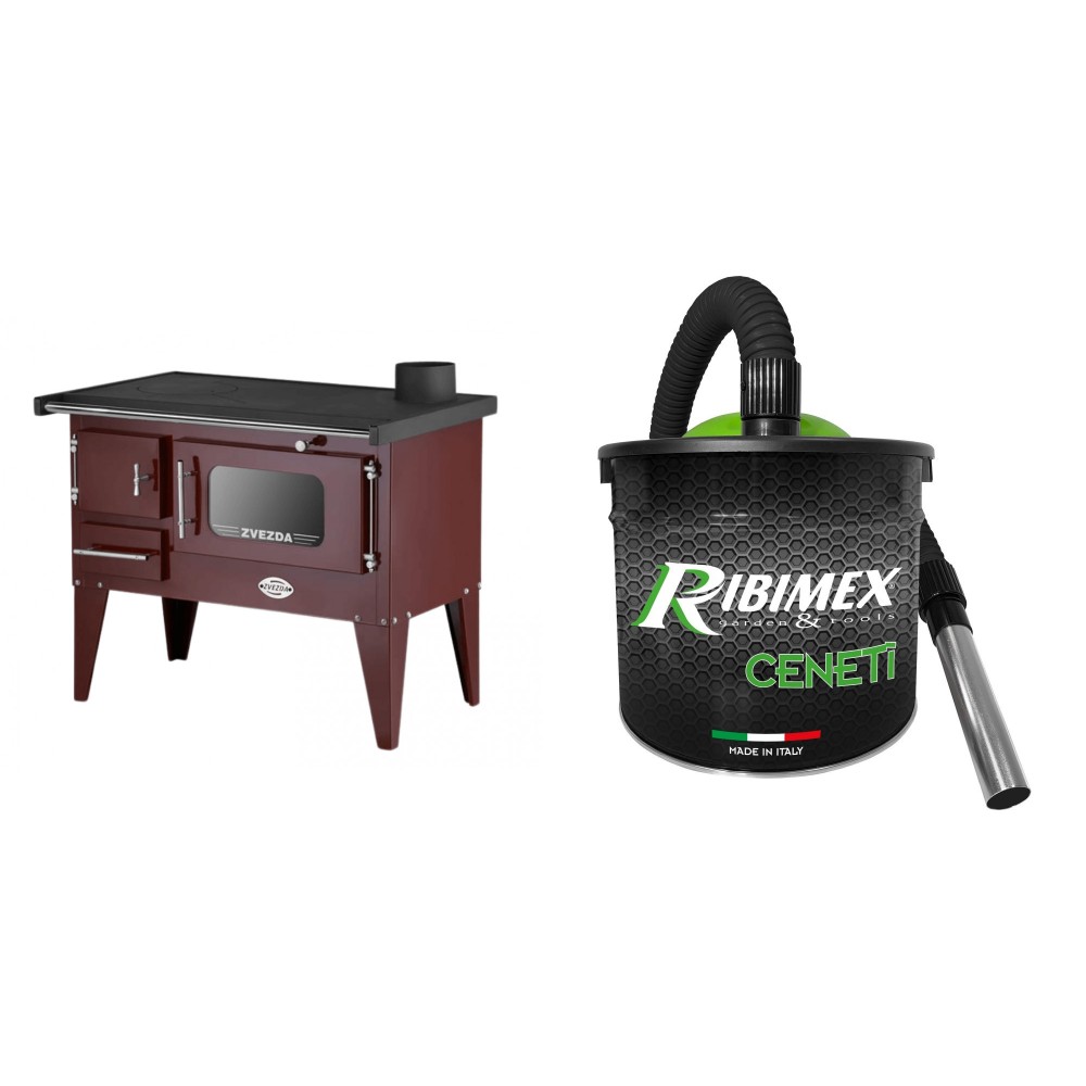 Set Küchenofen / Küchenhexe mit Backofen und Kochplatte Zvezda, Modell Narodna E Braun, Beine, Leistung 6.1 kW + Elektrischer Aschesauger Ribimex, Modell Cenetì, Fassungsvermögen 15 L