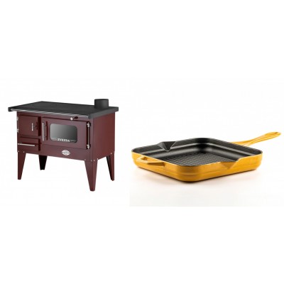 Set Küchenofen / Küchenhexe mit Backofen und Kochplatte Zvezda, Modell Narodna E Braun, Beine, Leistung 6.1 kW + Emaillierte grillpfanne Gusseisen Solagio, Dijon, 28х28cm - Kaminofen - Holzofen mit Backfach