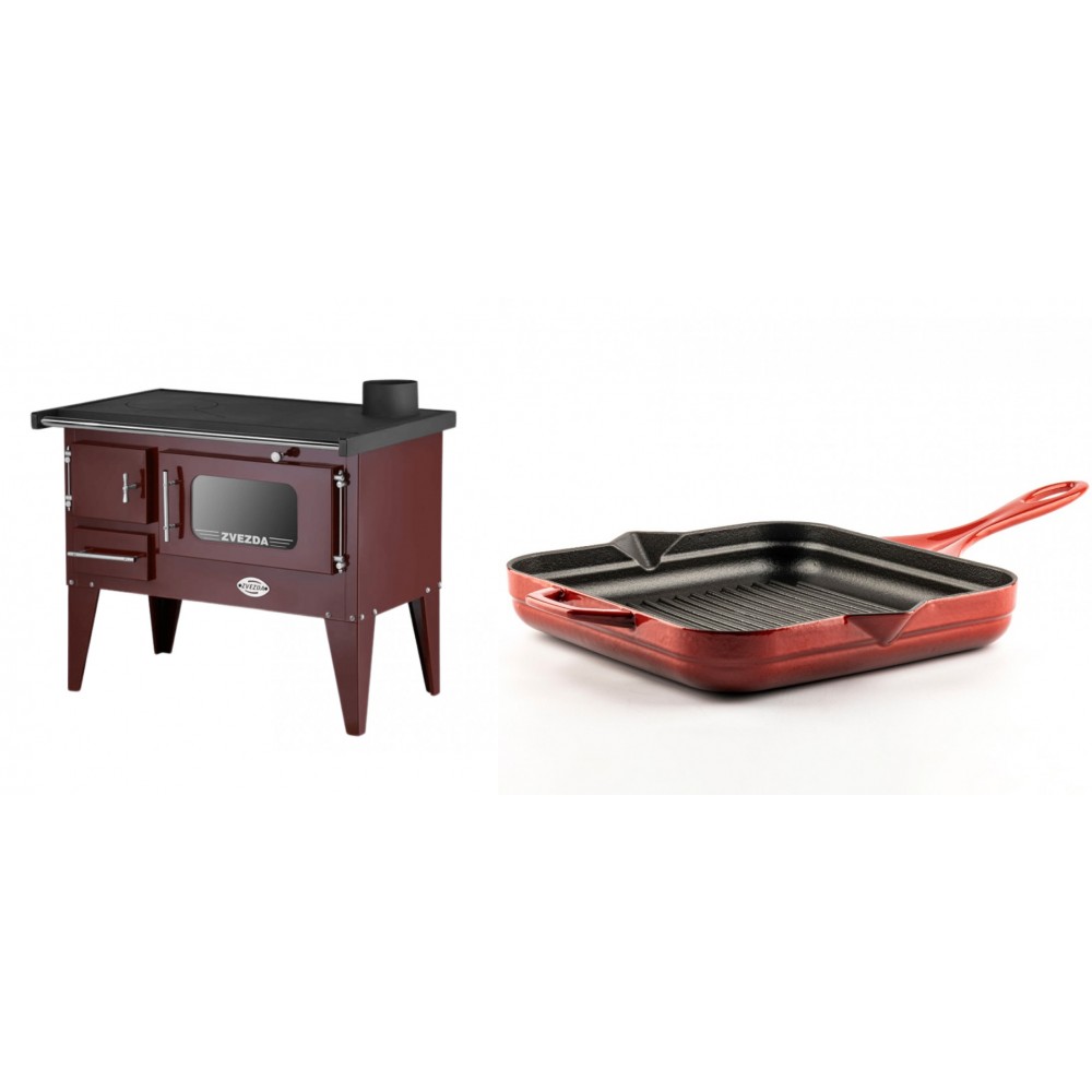 Set Küchenofen / Küchenhexe mit Backofen und Kochplatte Zvezda, Modell Narodna E Braun, Beine, Leistung 6.1 kW + Emaillierte grillpfanne Gusseisen Solagio, Rubin, 28x28cm