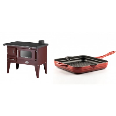 Set Küchenofen / Küchenhexe mit Backofen und Kochplatte Zvezda, Modell Narodna E Braun, Beine, Leistung 6.1 kW + Emaillierte grillpfanne Gusseisen Solagio, Rubin, 28x28cm - Kaminofen - Holzofen mit Backfach