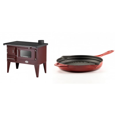 Set Küchenofen / Küchenhexe mit Backofen und Kochplatte Zvezda, Modell Narodna E Braun, Beine, Leistung 6.1 kW + Emaillierte grillpfanne Gusseisen Solagio, Rubin, Ф28cm - Kaminofen - Holzofen mit Backfach