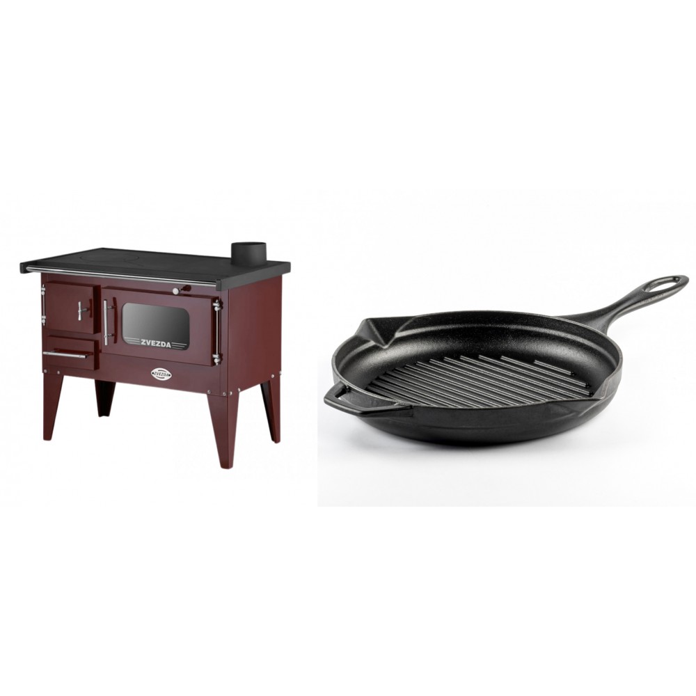 Set Küchenofen / Küchenhexe mit Backofen und Kochplatte Zvezda, Modell Narodna E Braun, Beine, Leistung 6.1 kW + Emaillierte grillpfanne Gusseisen Solagio, Black Onyx, Ф28cm